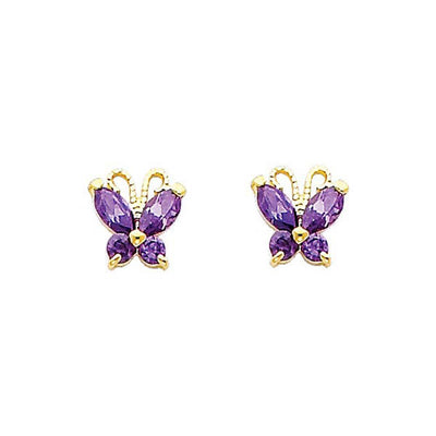 14K Yellow Gold 6mm Butterfly Amethyst CZ Stud Earrings - Screw Back