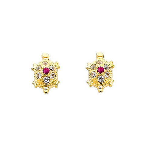 14K Yellow Gold 6mm Turtle Ruby CZ Stud Earrings - Screw Back