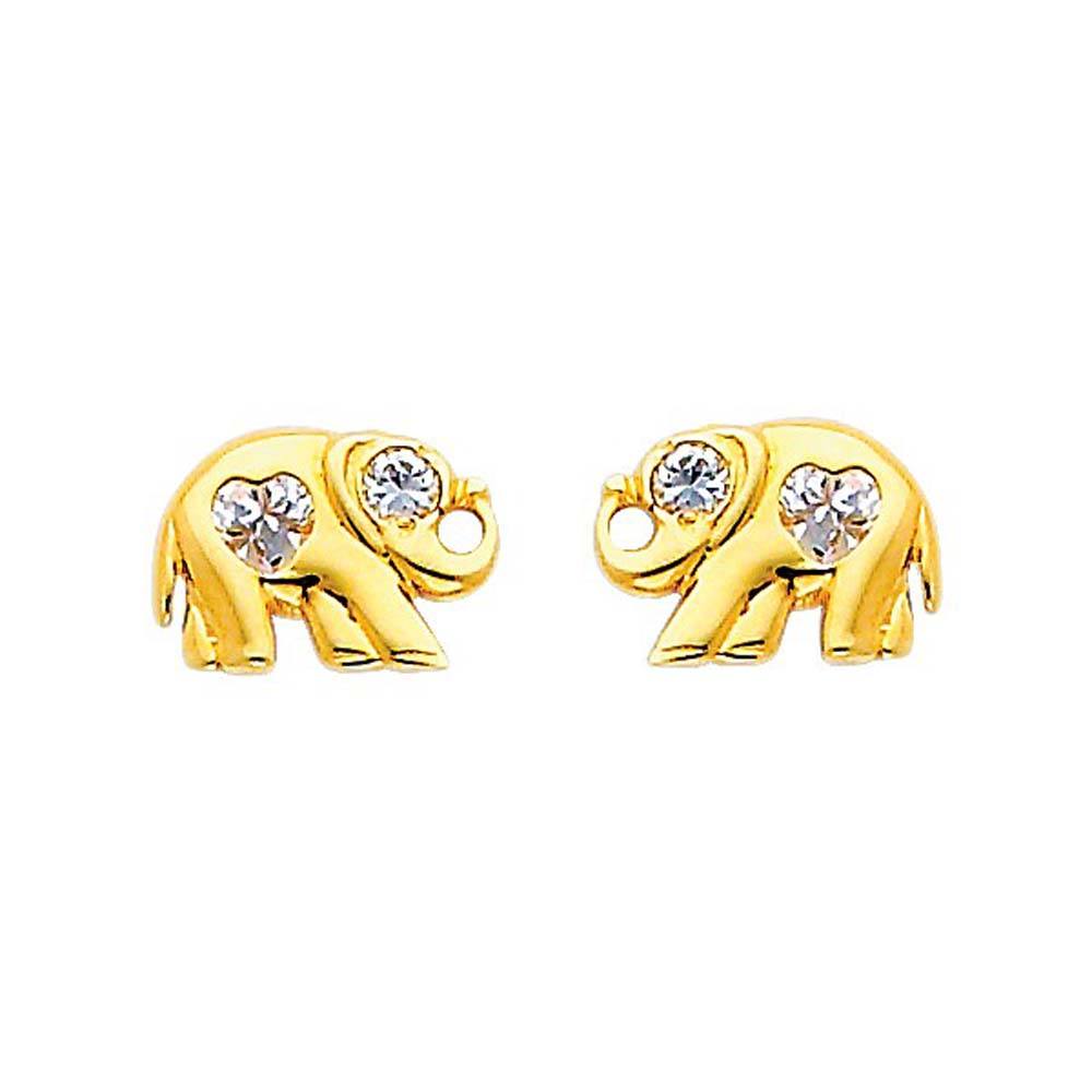 14K Yellow Gold 9mm Elephant CZ Stud Earrings - Screw Back