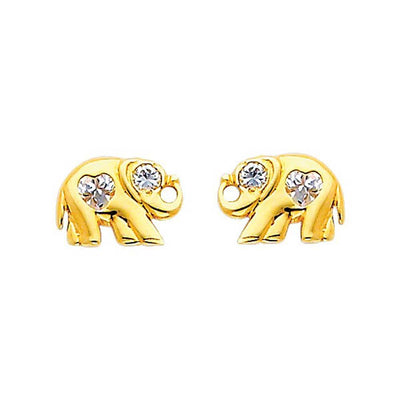14K Yellow Gold 9mm Elephant CZ Stud Earrings - Screw Back