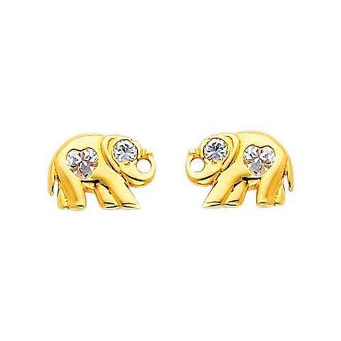 14K Yellow Gold 9mm Elephant CZ Stud Earrings - Screw Back