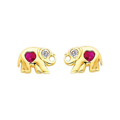 14K Yellow Gold 9mm Elephant Ruby CZ Stud Earrings - Screw Back