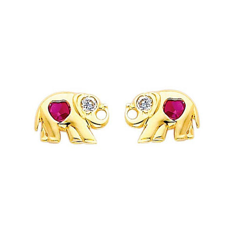 14K Yellow Gold 9mm Elephant Ruby CZ Stud Earrings - Screw Back
