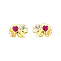 14K Yellow Gold 9mm Elephant Ruby CZ Stud Earrings - Screw Back