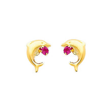 Load image into Gallery viewer, 14K Yellow Gold 6mm Dolphin Ruby CZ Stud Earrings - Screw Back