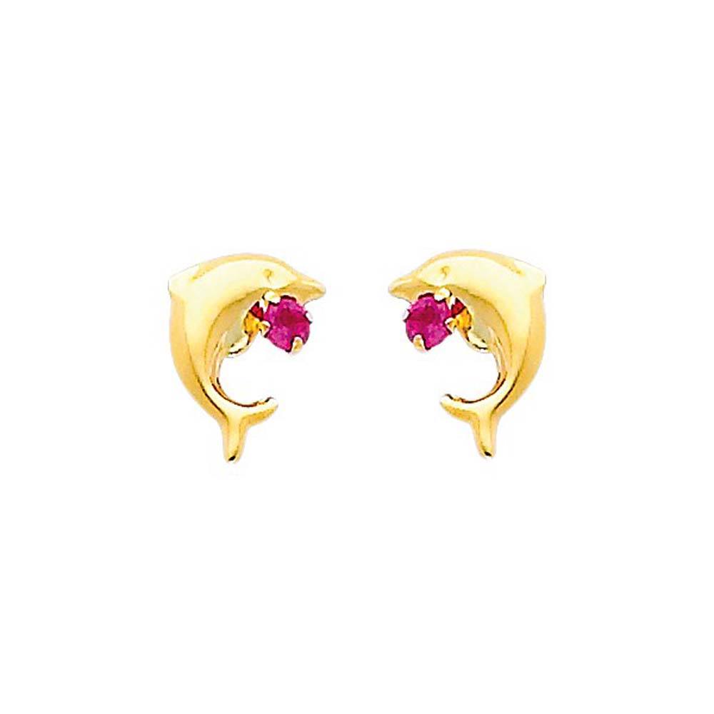 14K Yellow Gold 6mm Dolphin Ruby CZ Stud Earrings - Screw Back