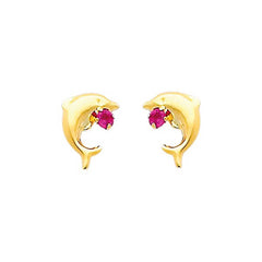 14K Yellow Gold 6mm Dolphin Ruby CZ Stud Earrings - Screw Back