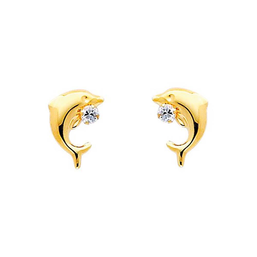 14K Yellow Gold 6mm Dolphin CZ Stud Earrings - Screw Back