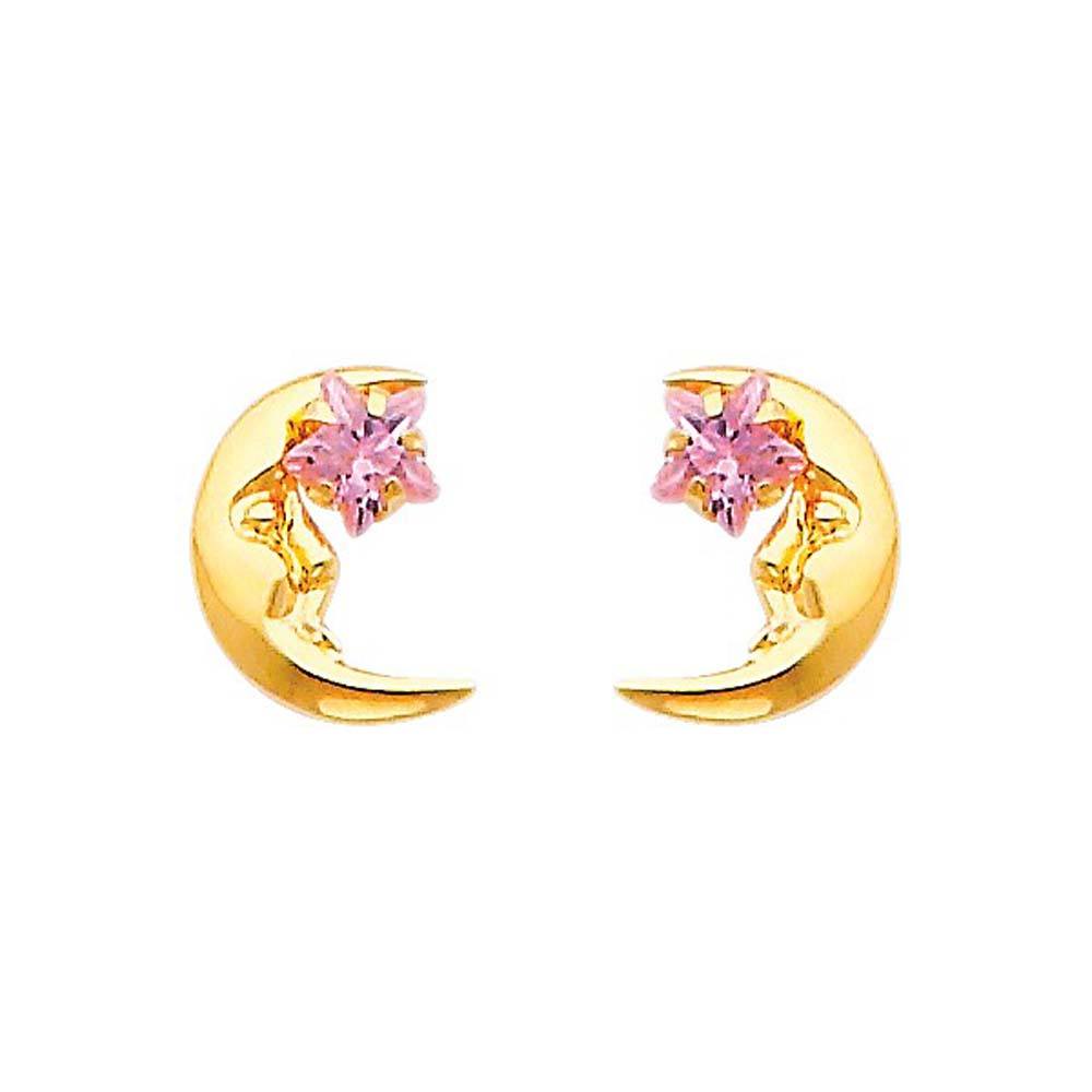 14K Yellow Gold 7mm Moon Pink CZ Stud Earrings - Screw Back