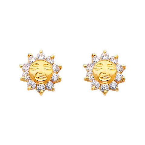 14K Yellow Gold 8mm Sun CZ Stud Earrings - Screw Back