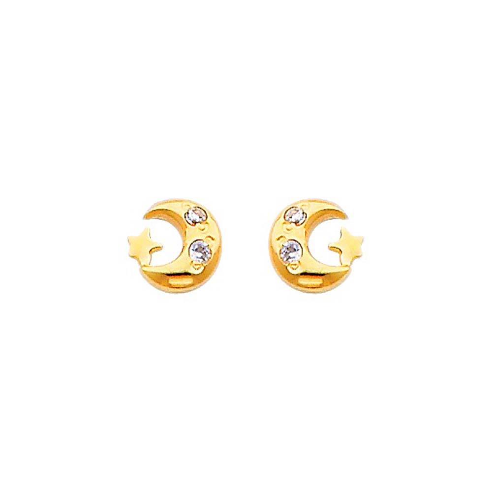 14K Yellow Gold 5mm Moon and Star CZ Stud Earrings - Screw Back