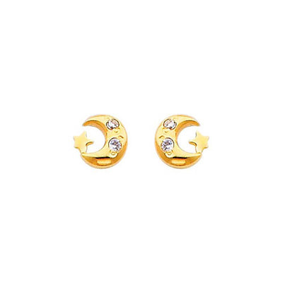 14K Yellow Gold 5mm Moon and Star CZ Stud Earrings - Screw Back