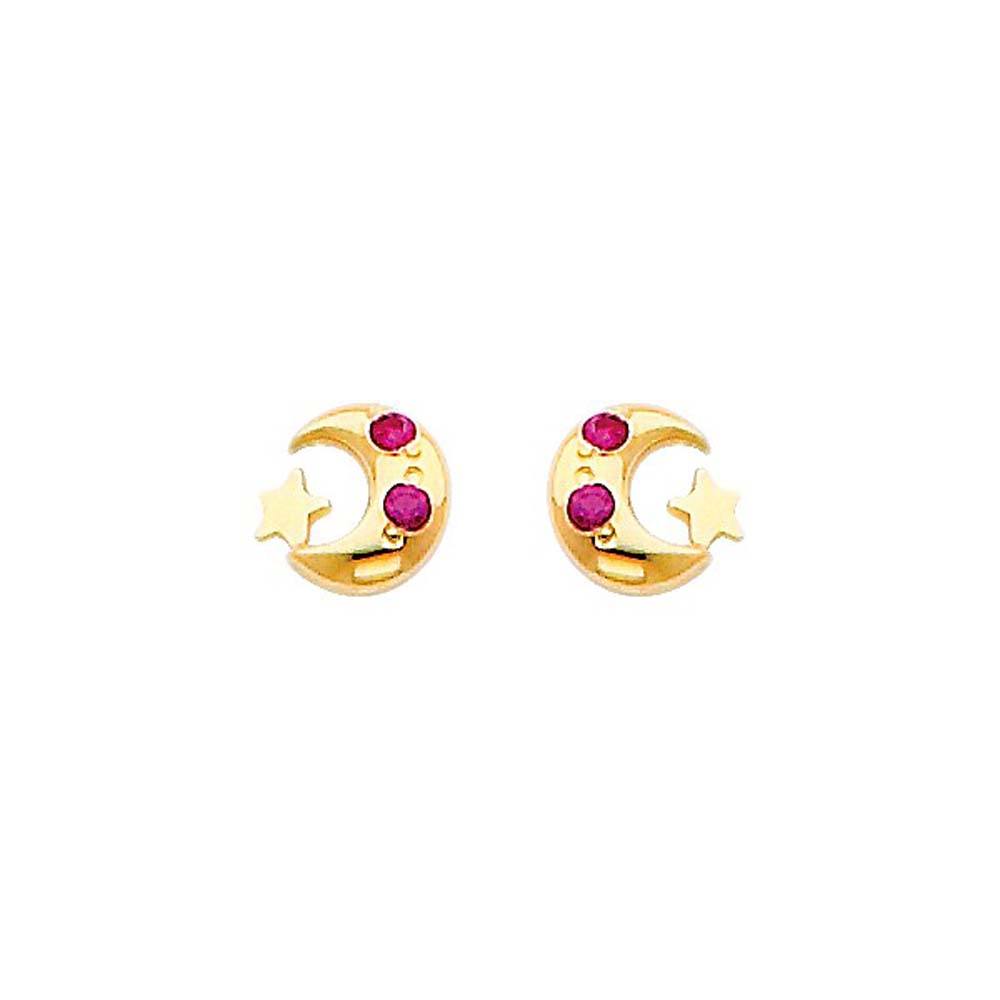 14K Yellow Gold 5mm Moon and Star Ruby CZ Stud Earrings - Screw Back