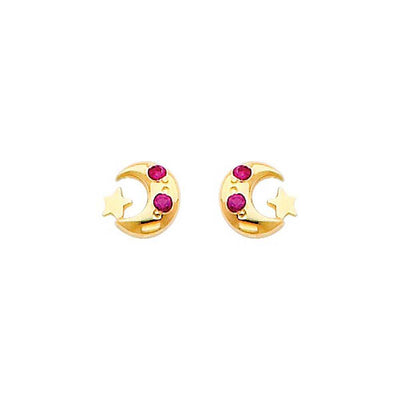 14K Yellow Gold 5mm Moon and Star Ruby CZ Stud Earrings - Screw Back