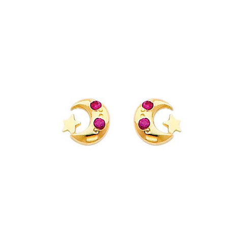14K Yellow Gold 5mm Moon and Star Ruby CZ Stud Earrings - Screw Back