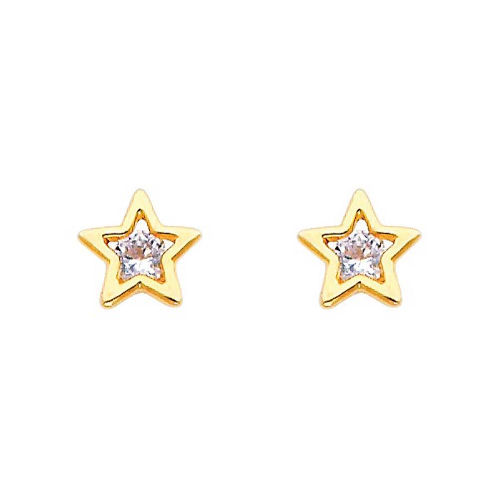 14K Yellow Gold 7mm Star CZ Stud Earrings - Screw Back