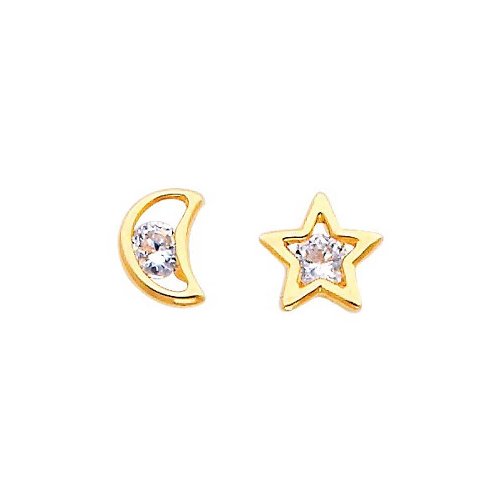 14K Yellow Gold 7mm Star and Moon CZ Stud Earrings - Screw Back