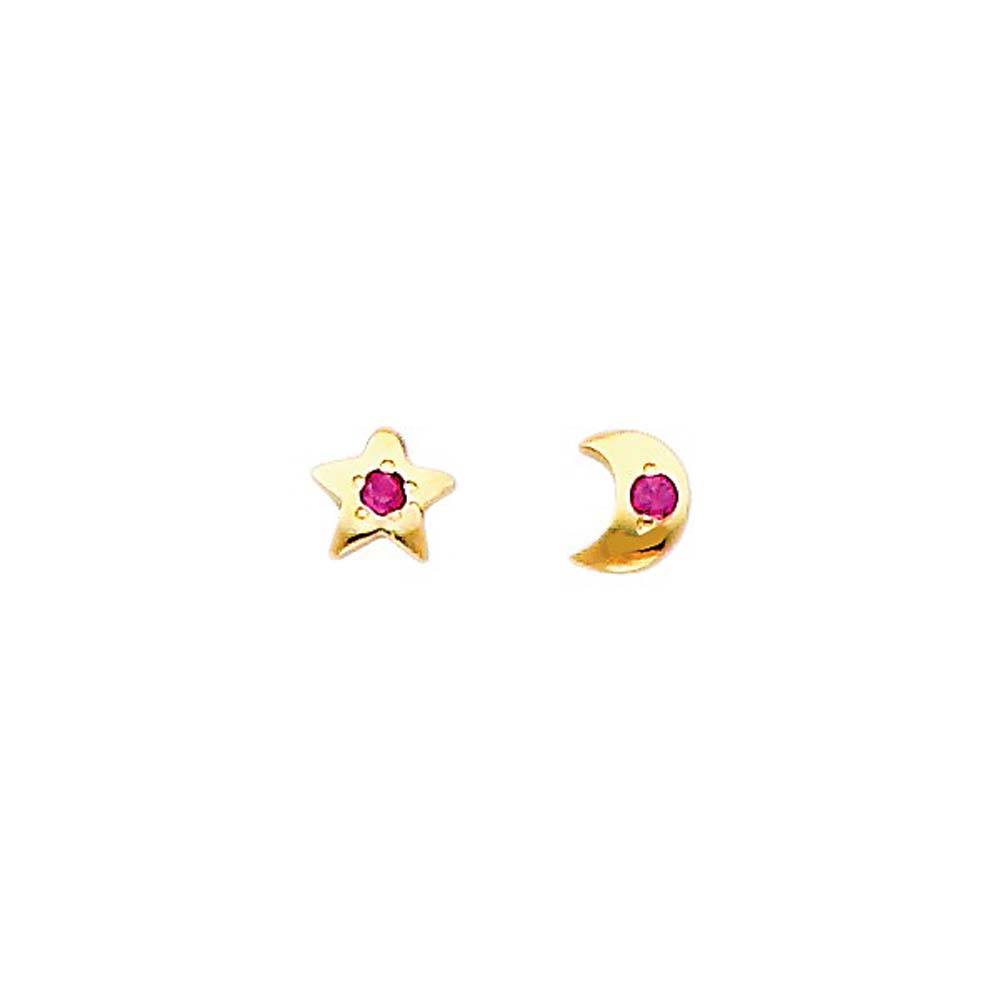 14K Yellow Gold 4mm Star and Moon Ruby CZ Stud Earrings - Screw Back
