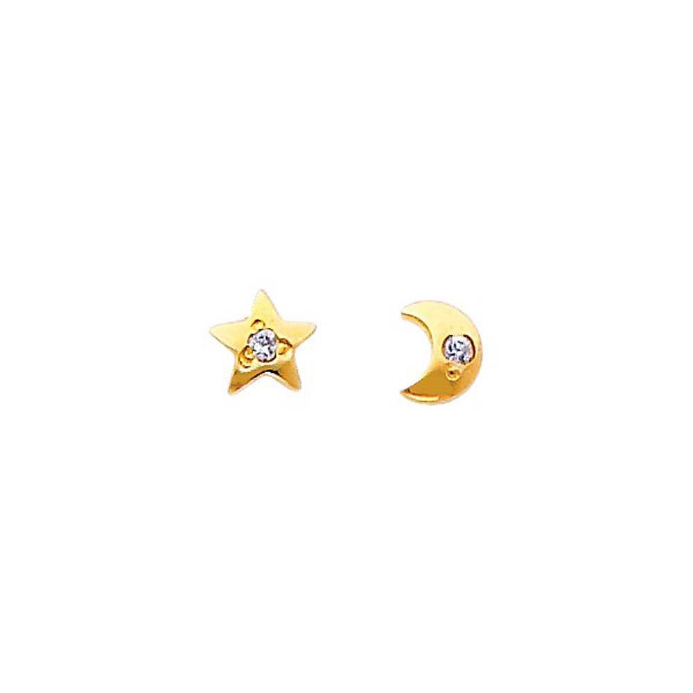 14K Yellow Gold 4mm Star and Moon CZ Stud Earrings - Screw Back