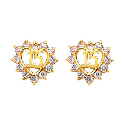 14k Yellow Gold 10mm Sweet 15 CZ Stud Earrings With Screw Back