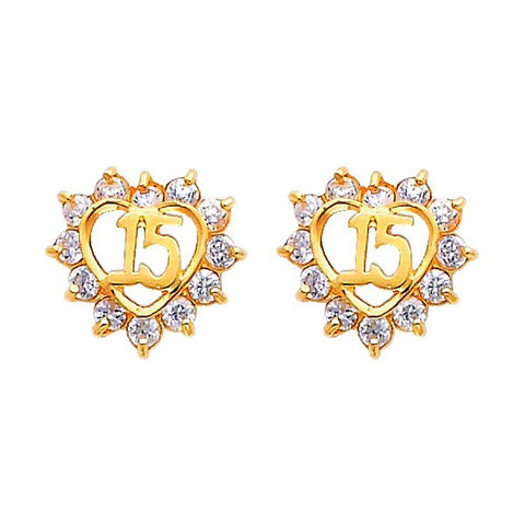 14k Yellow Gold 10mm Sweet 15 CZ Stud Earrings With Screw Back