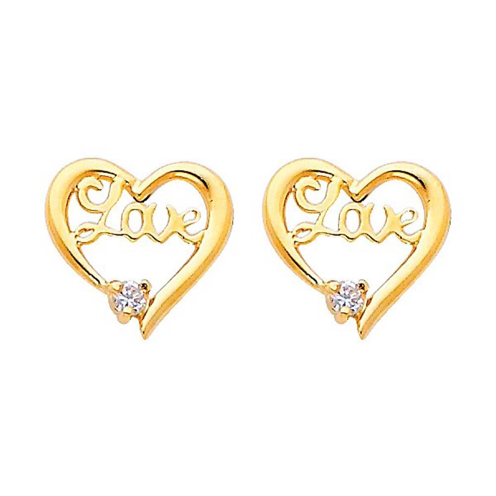 14k Yellow Gold 10mm Heart CZ Stud Earrings With Screw Back