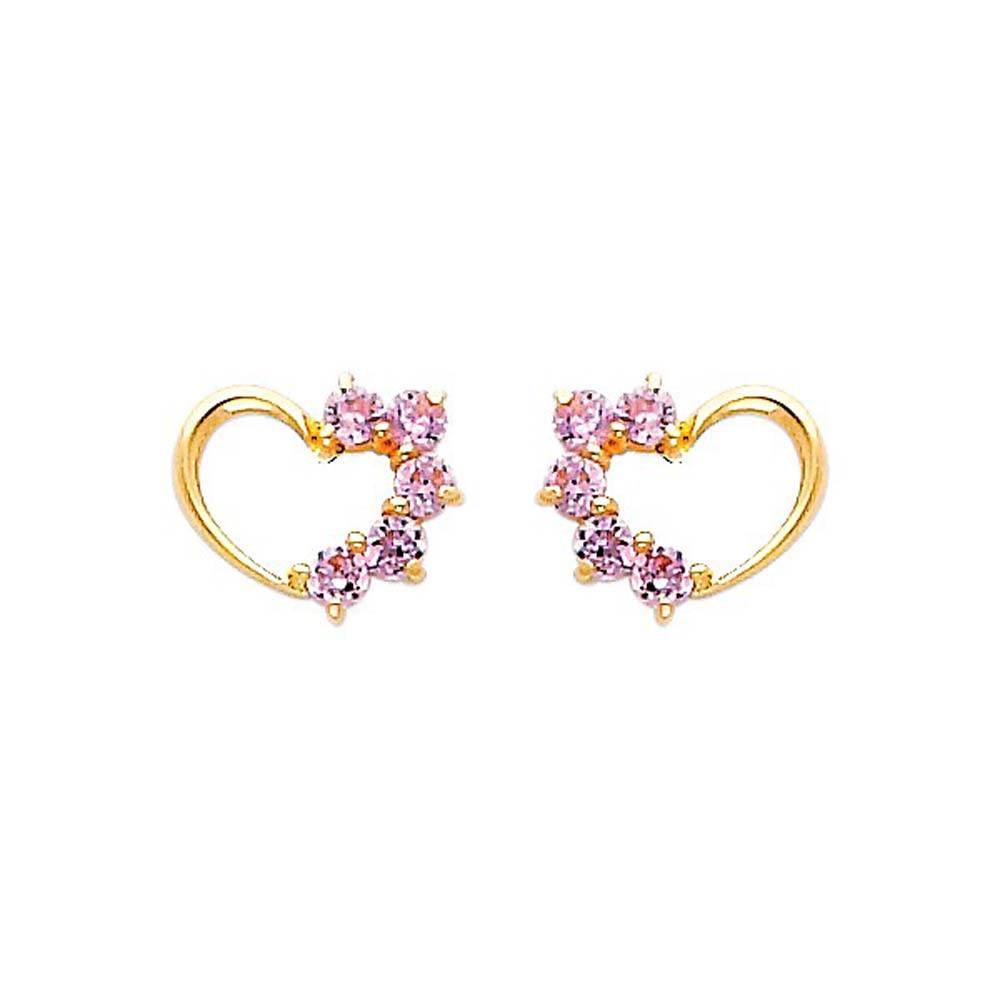 14k Yellow Gold 8mm Heart Pink CZ Stud Earrings With Screw Back