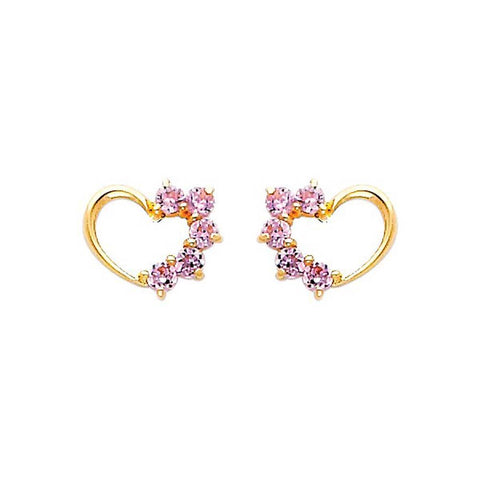 14k Yellow Gold 8mm Heart Pink CZ Stud Earrings With Screw Back