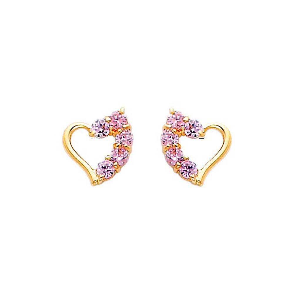 14k Yellow Gold 7mm Heart Pink CZ Stud Screw Back Earrings