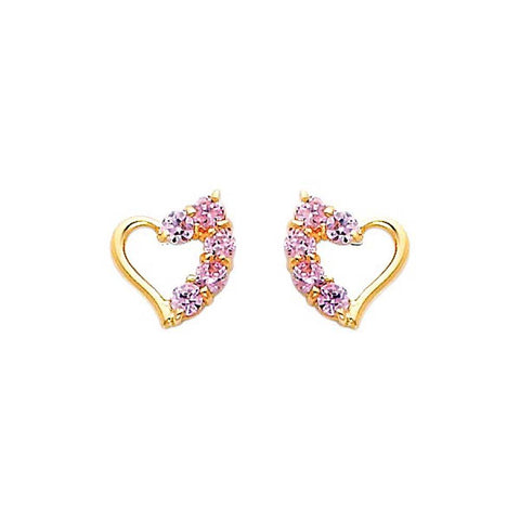 14k Yellow Gold 7mm Heart Pink CZ Stud Screw Back Earrings