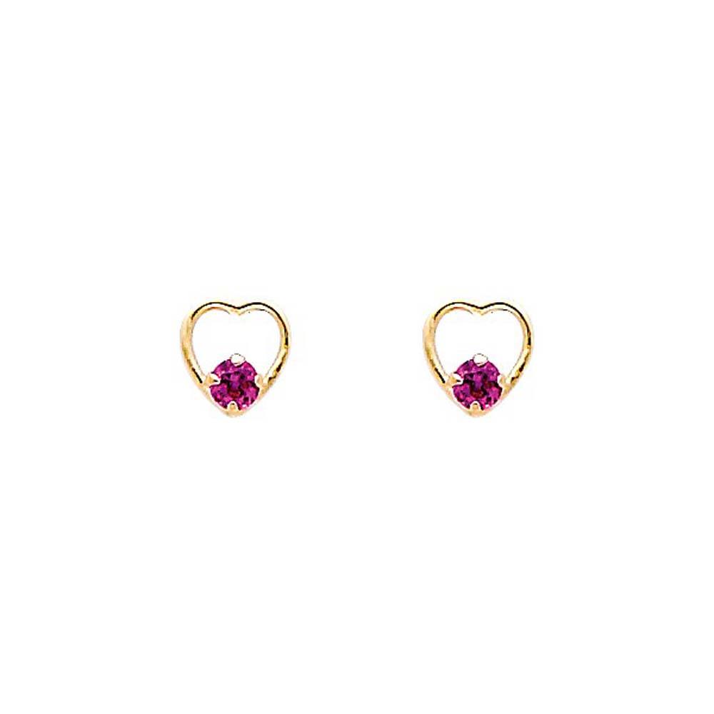 14k Yellow Gold 5mm Heart Ruby CZ Stud Earrings With Screw Back