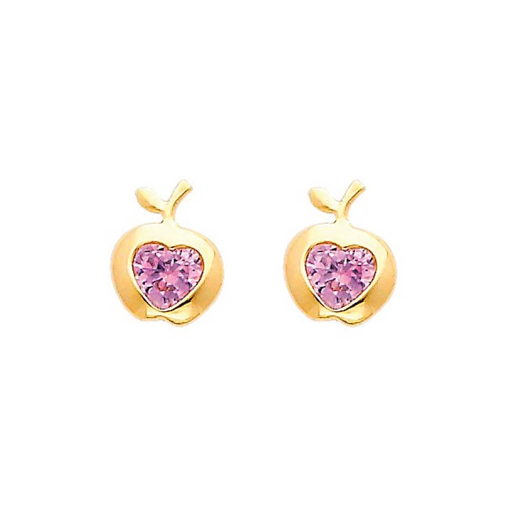 14K Yellow Gold 7mm Apple Pink CZ Stud Earrings - Screw Back
