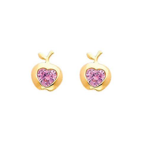 14K Yellow Gold 7mm Apple Pink CZ Stud Earrings - Screw Back
