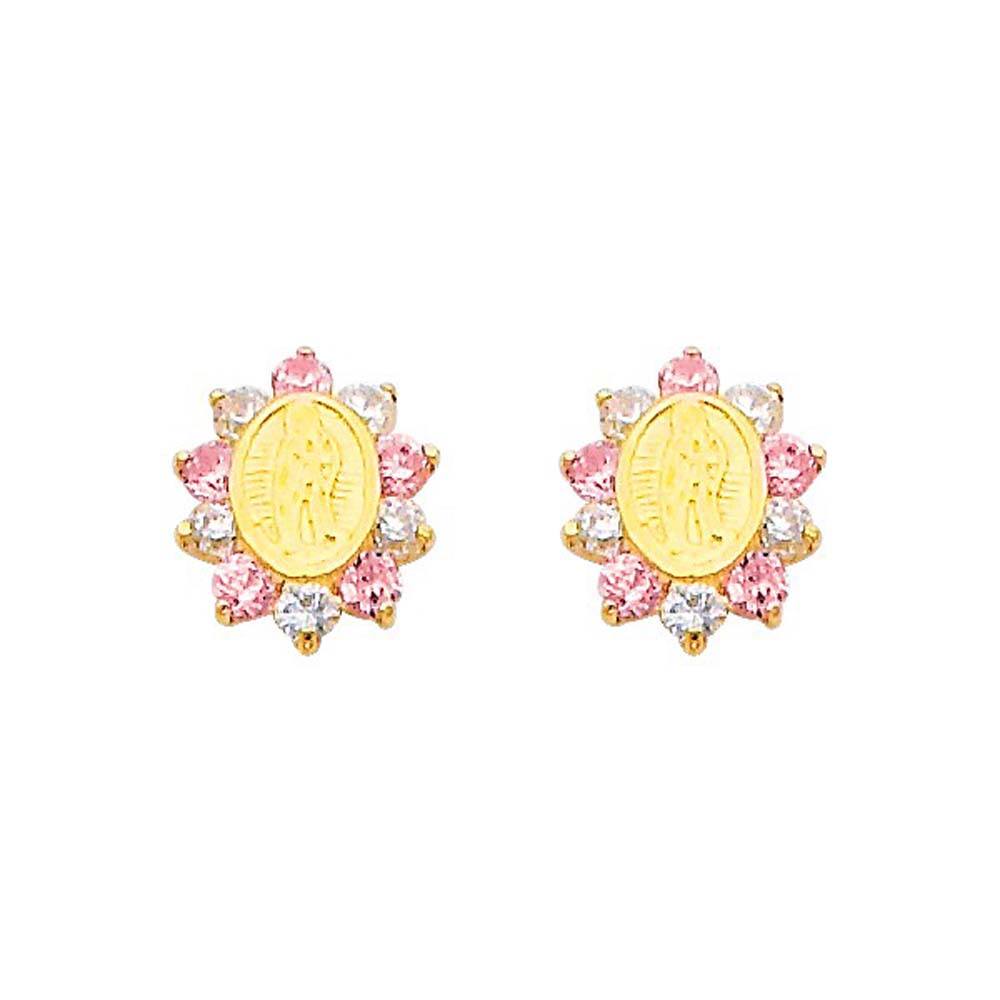 14K Yellow Gold 7mm Our Lady Guadalupe Pink CZ Stud Earrings - Screw Back