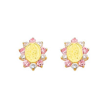 Load image into Gallery viewer, 14K Yellow Gold 7mm Our Lady Guadalupe Pink CZ Stud Earrings - Screw Back