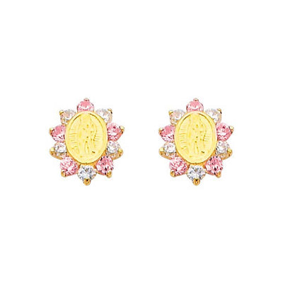 14K Yellow Gold 7mm Our Lady Guadalupe Pink CZ Stud Earrings - Screw Back