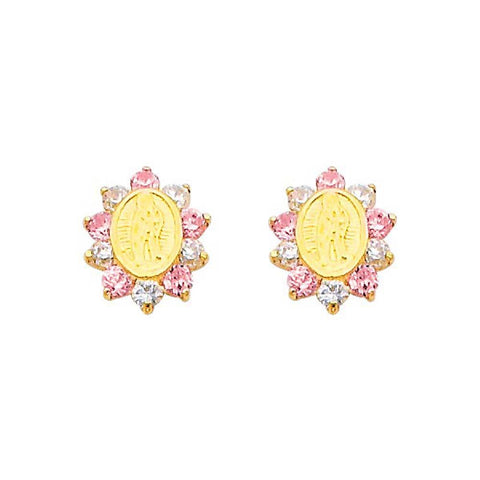 14K Yellow Gold 7mm Our Lady Guadalupe Pink CZ Stud Earrings - Screw Back