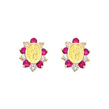 Load image into Gallery viewer, 14K Yellow Gold 7mm Our Lady Guadalupe Ruby CZ Stud Earrings - Screw Back