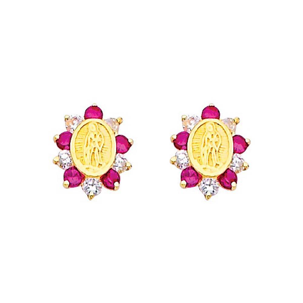 14K Yellow Gold 7mm Our Lady Guadalupe Ruby CZ Stud Earrings - Screw Back