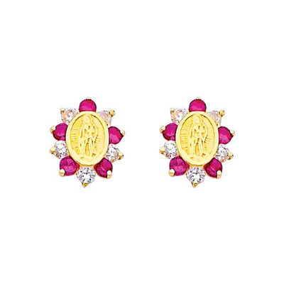 14K Yellow Gold 7mm Our Lady Guadalupe Ruby CZ Stud Earrings - Screw Back