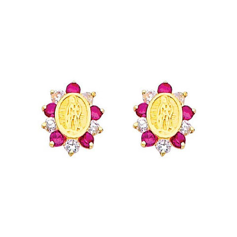 14K Yellow Gold 7mm Our Lady Guadalupe Ruby CZ Stud Earrings - Screw Back