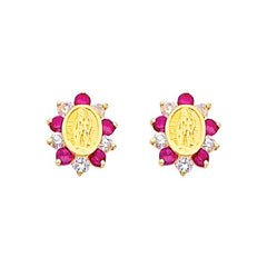 14K Yellow Gold 7mm Our Lady Guadalupe Ruby CZ Stud Earrings - Screw Back