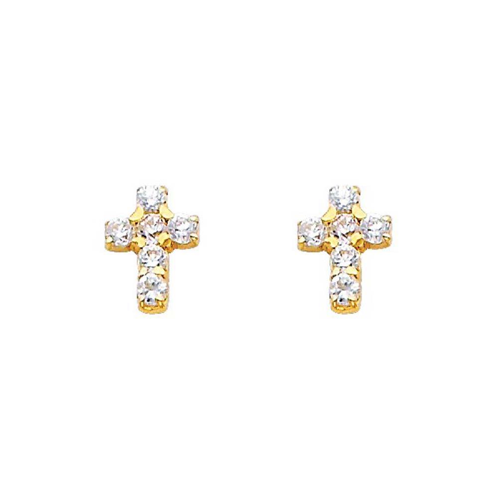 14K Yellow Gold 5mm Cross CZ Stud Earrings - Screw Back