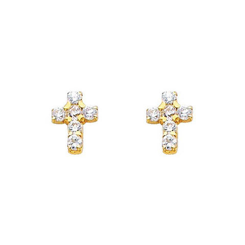 14K Yellow Gold 5mm Cross CZ Stud Earrings - Screw Back