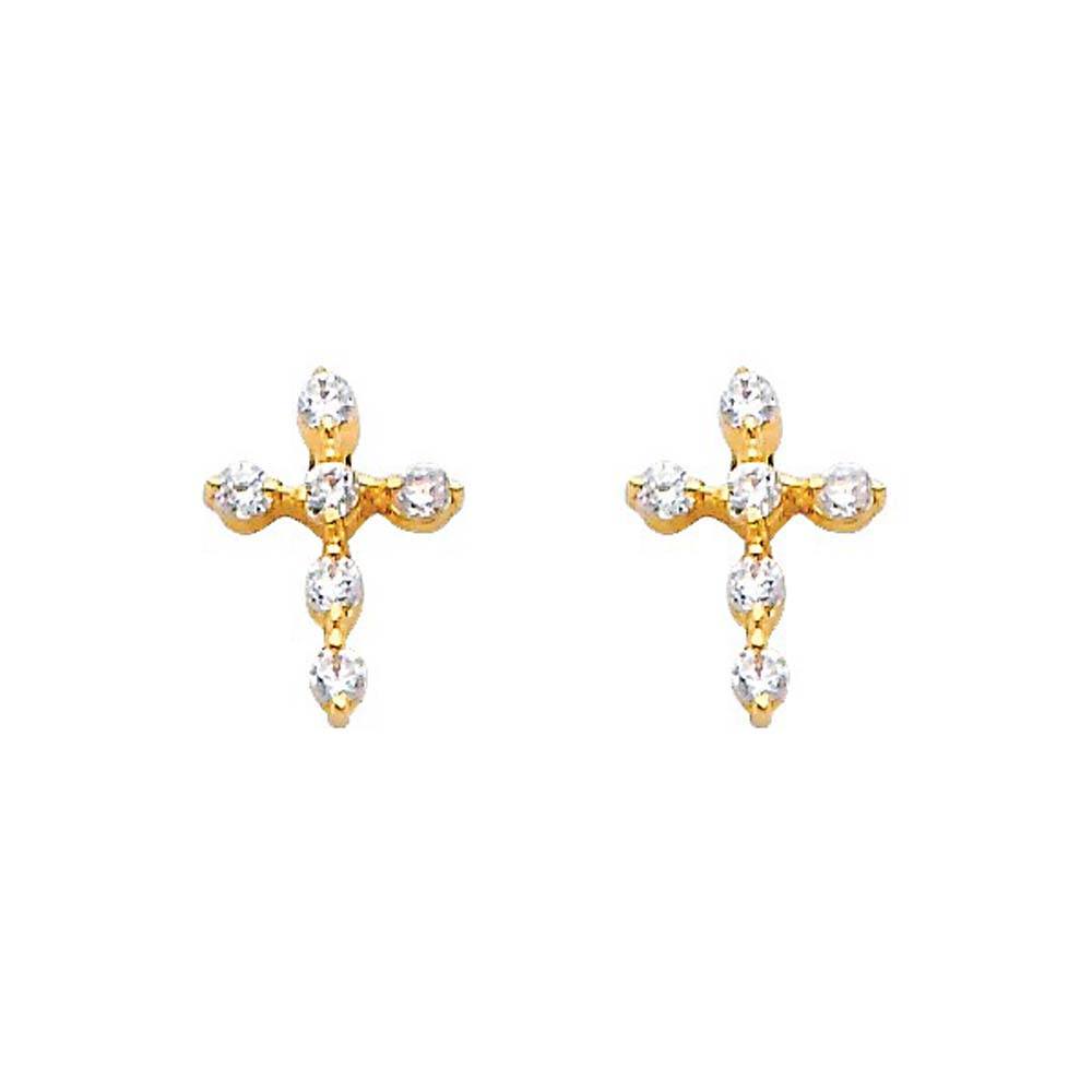 14K Yellow Gold 7mm Cross CZ Stud Earrings - Screw Back