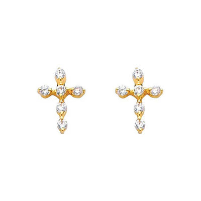 14K Yellow Gold 7mm Cross CZ Stud Earrings - Screw Back