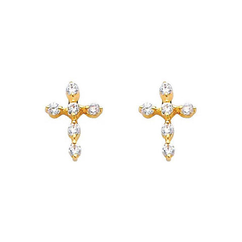 14K Yellow Gold 7mm Cross CZ Stud Earrings - Screw Back