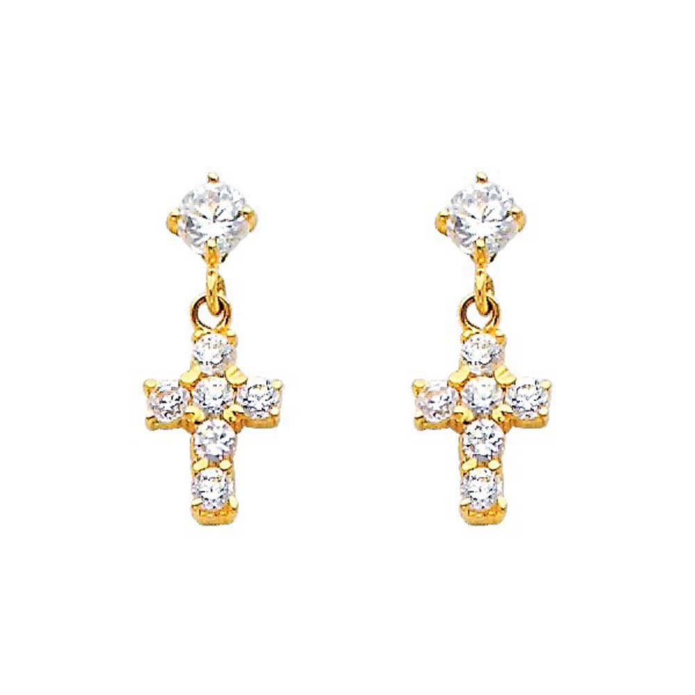 14K Yellow Gold 5mm Cross CZ Hanging Stud Earrings - Screw Back