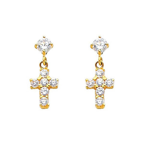 14K Yellow Gold 5mm Cross CZ Hanging Stud Earrings - Screw Back