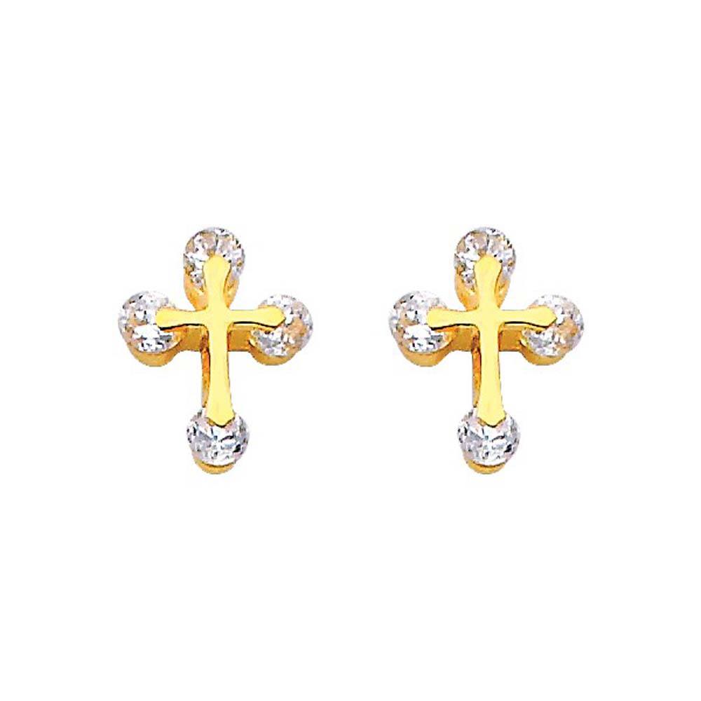 14K Yellow Gold 8mm Cross CZ Stud Earrings - Screw Back
